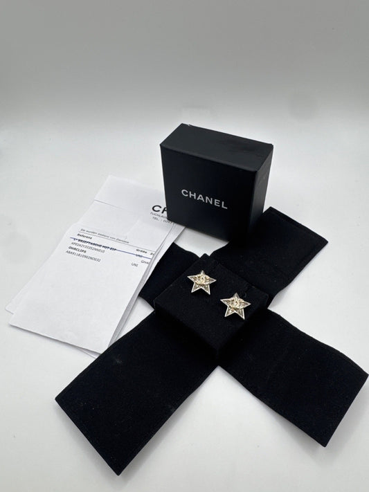 Chanel Star Earrings Crystal Silver