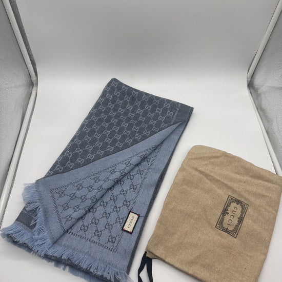 Gucci GG Jacquard Wool Silk Scarf Grey Light Blue