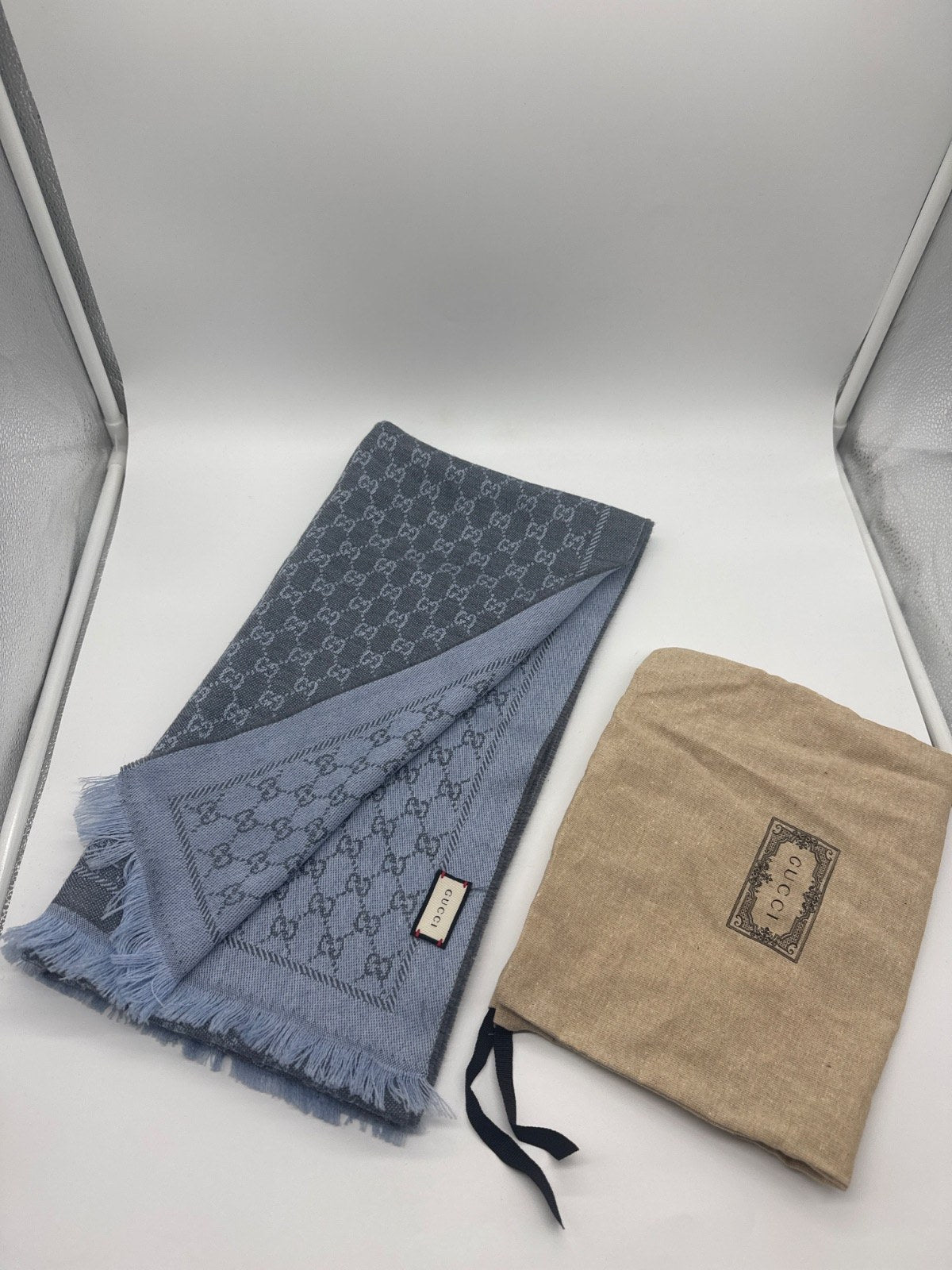 Gucci GG Jacquard Wool Silk Scarf Grey Light Blue