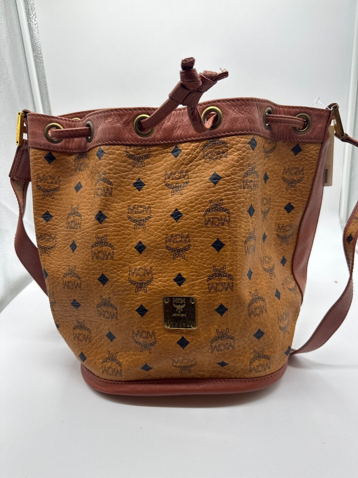 MCM Drawstring Bucket Bag Cognac
