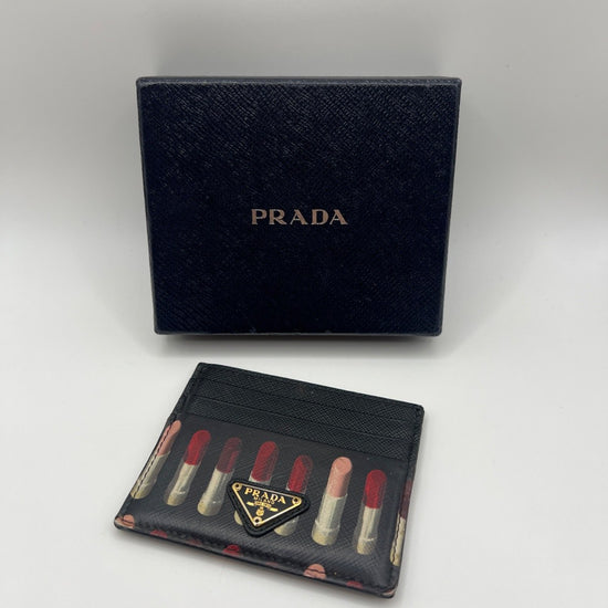 Prada Saffiano Leather Card Holder Lipstick Print Black