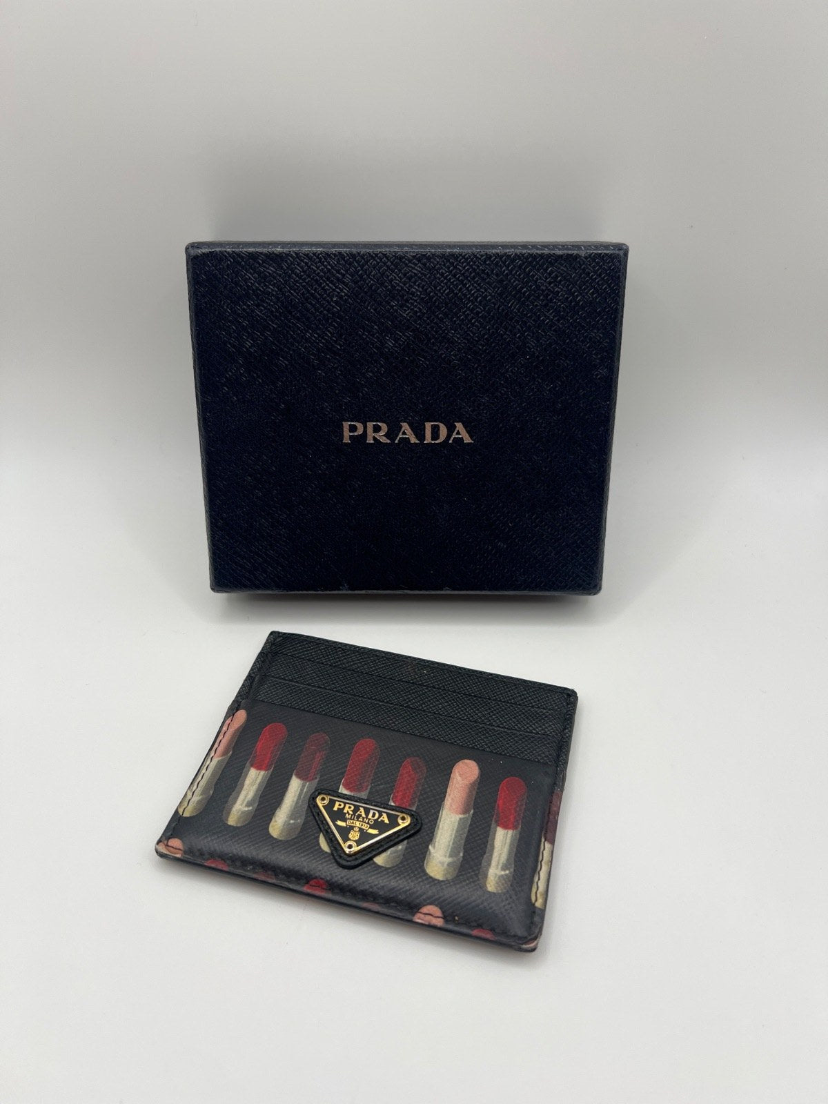 Prada Saffiano Leather Card Holder Lipstick Print Black