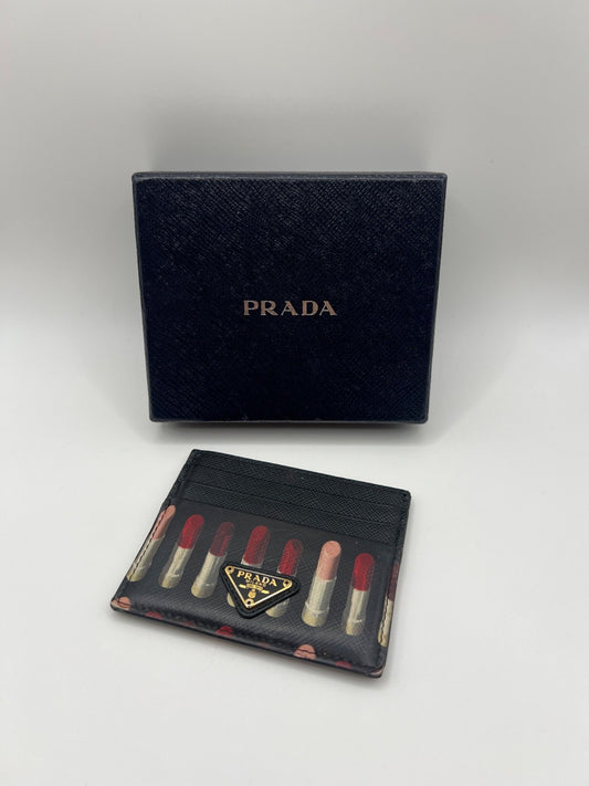 Prada Saffiano Leather Card Holder Lipstick Print Black