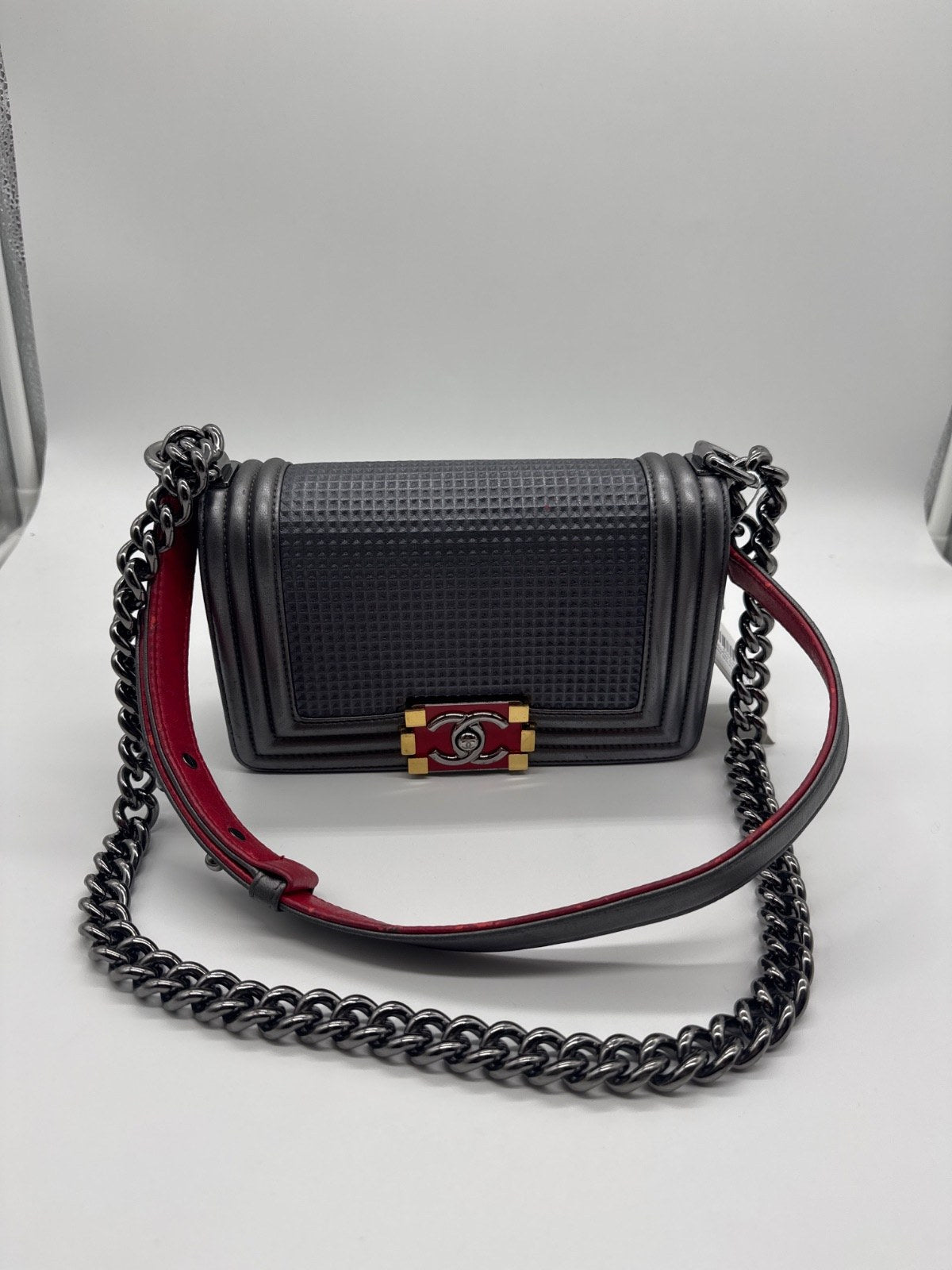 Chanel Boyflap Small Two Tone Grey Cube Embossed Shimmer Leather 19000240