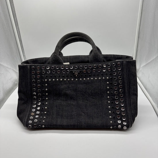 Prada Canapa Denim Studded Tote Bag Dark Grey 203