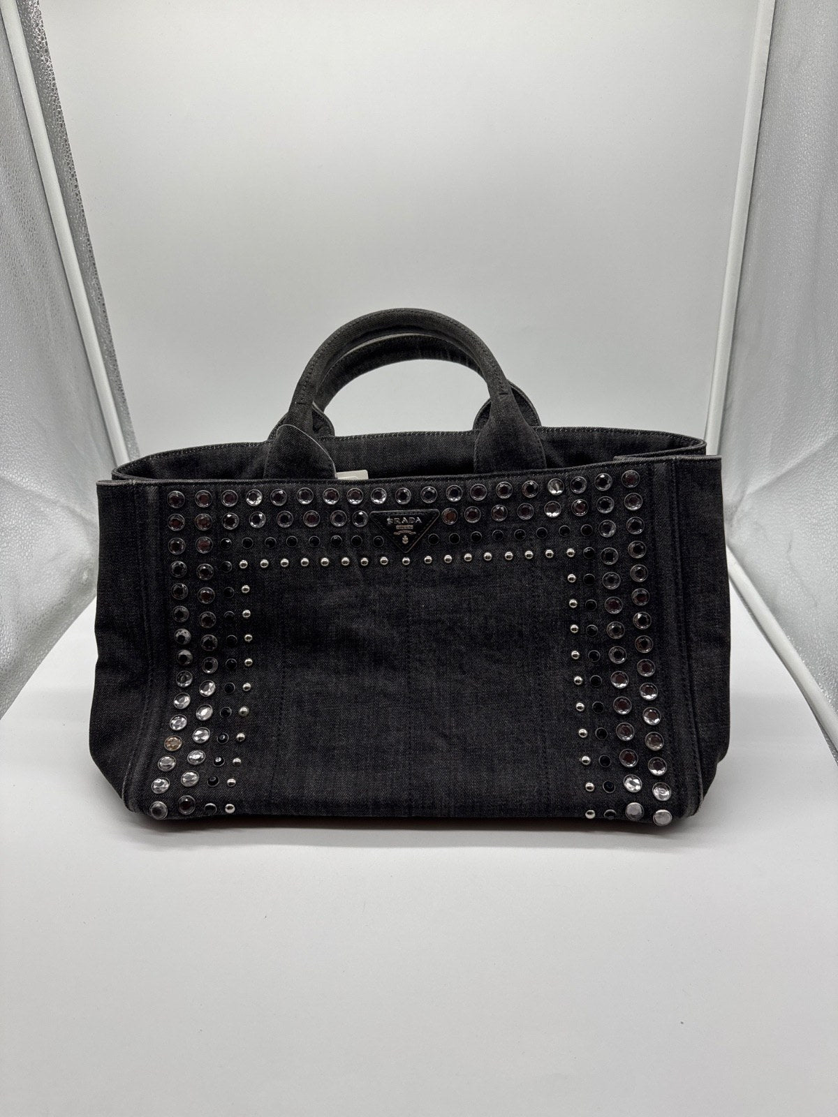Prada Canapa Denim Studded Tote Bag Dark Grey 203