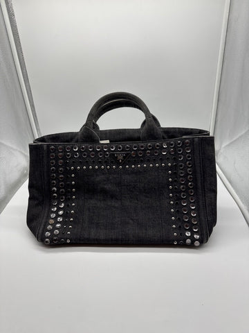 Prada Canapa Denim Studded Tote Bag Dark Grey 203