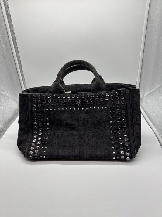 Prada Canapa Denim Studded Tote Bag Dark Grey 203