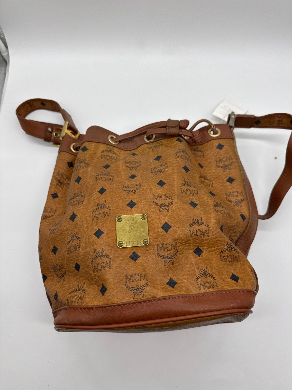 MCM Drawstring Bucket Bag Cognac