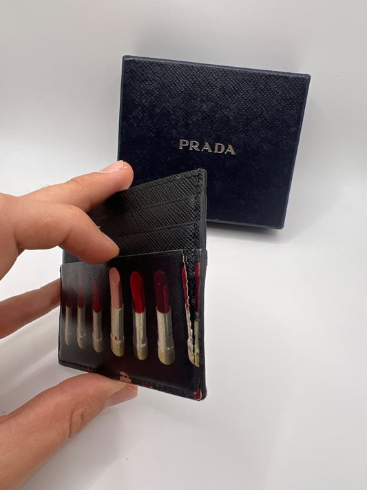 Prada Saffiano Leather Card Holder Lipstick Print Black