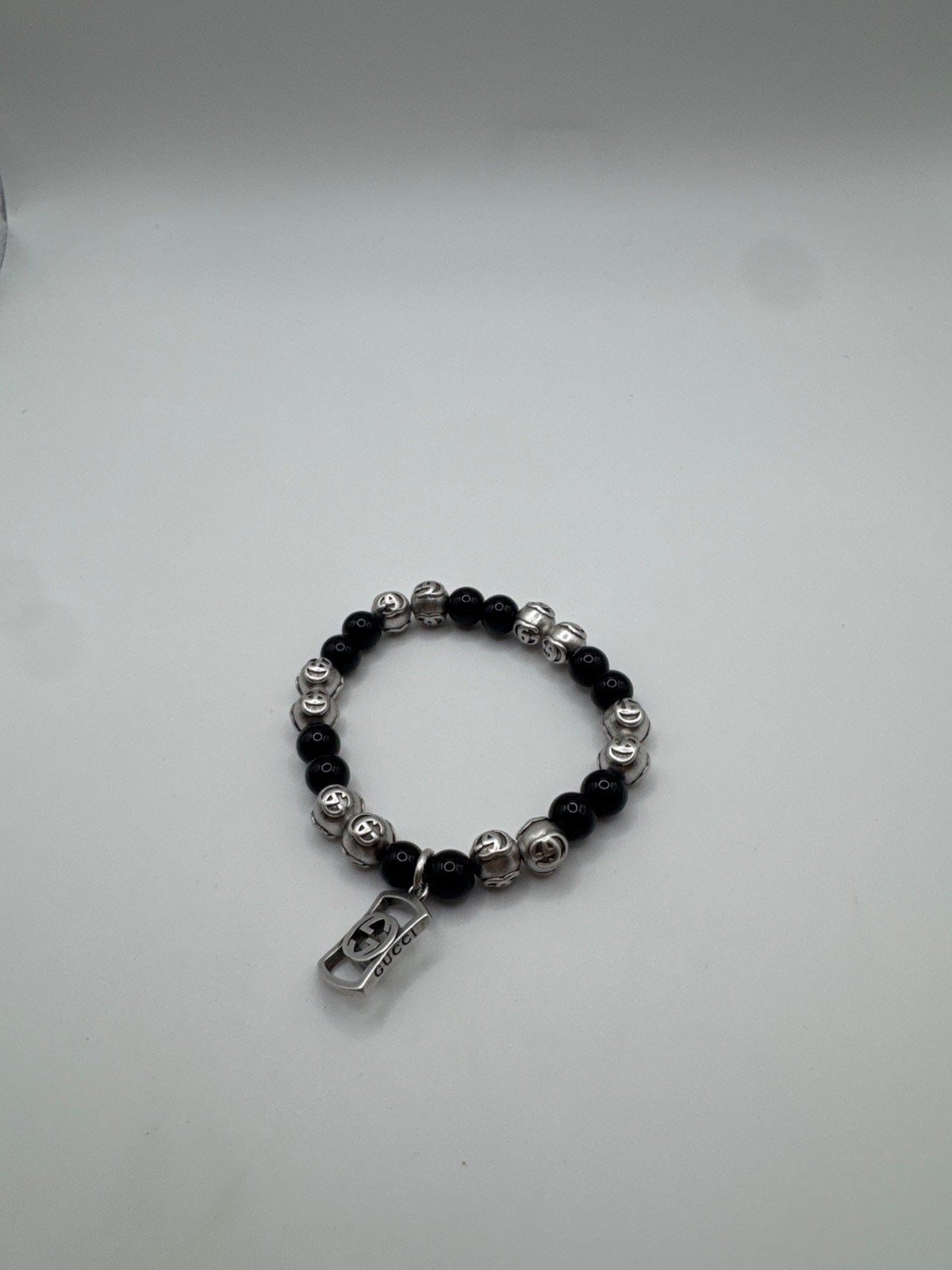 Gucci Interlocking G Beaded Bracelet Silver Black
