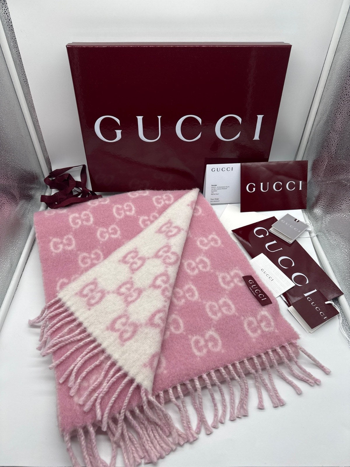 Gucci GG Jacquard Wool Scarf Pink/Ivory